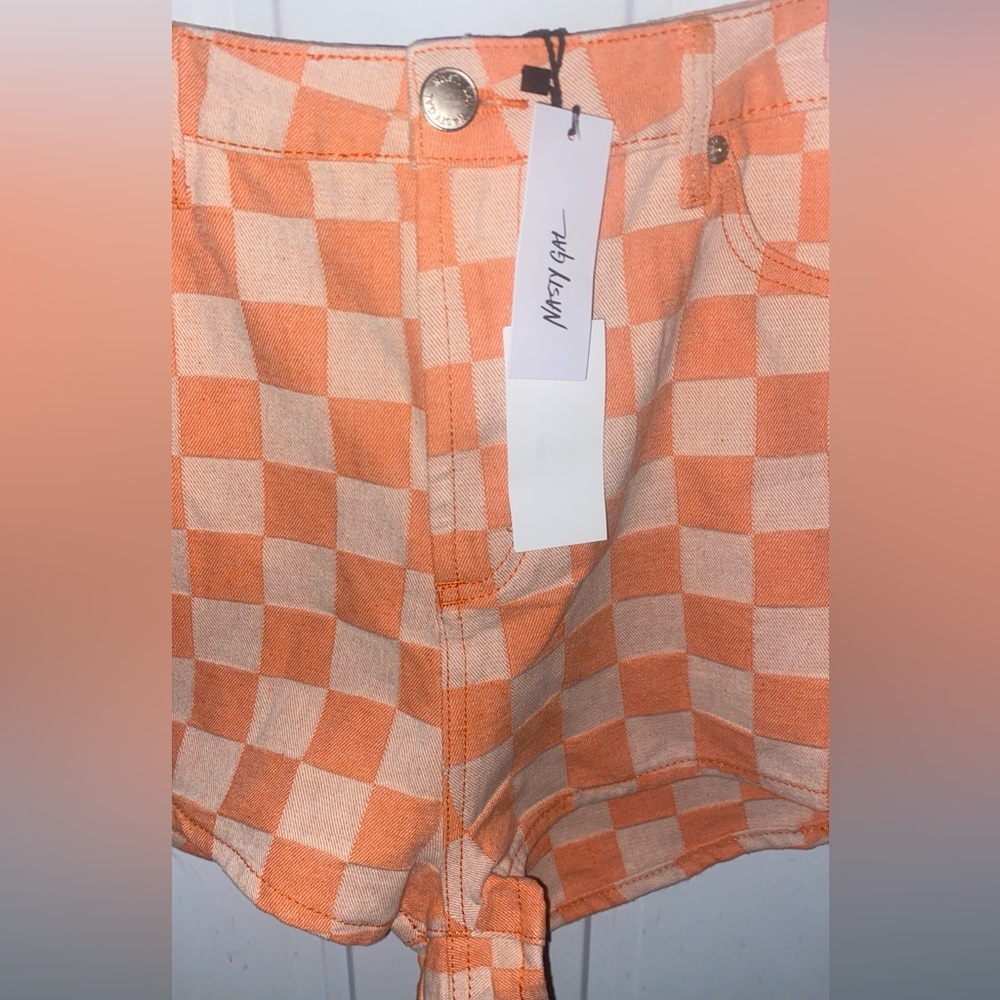 Nasty Gal Checkerboard High Waist Shorts in Orange and Off White From Nordstrom - Picture 6 of 9